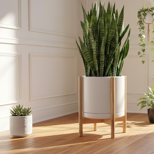 D'vine Dev Ceramic Pot with Natural Wood Stand, White, 14 in, 55-B-R-1 - Image 2