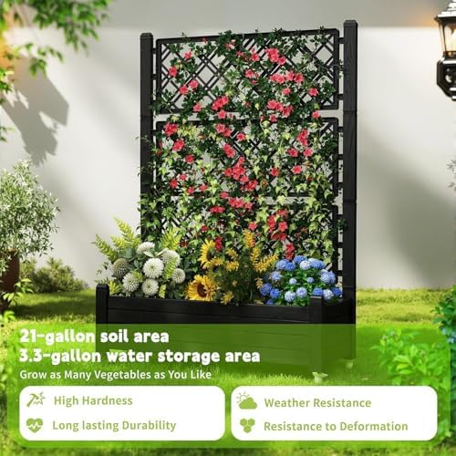 Vixzen 64" Tall Raised Garden Bed,Outdoor Large Resin Planter Box with Trellis and Drain Plug for Climbing Plants,Easy to Assemble,Water Monitor,Mobility(Black, 43.43"×18.27"×64.29") - Image 6