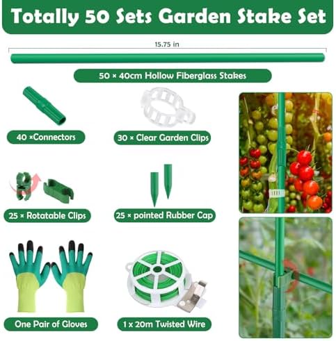 Cludoo 232PCS Garden Stakes Set with 70 Sets Fiberglass Plant Stakes Sticks Supports and Accessories, DIY 4ft 5ft 6ft 7ft Tomato Stakes for Tomato,Vegetables, Pepper, Fences Indoor Outdoor Plants - Image 2