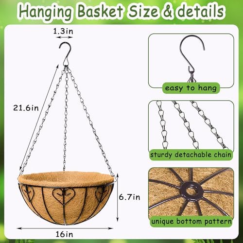 4pcs 16 inch Metal Hanging Baskets Round Wire Plant Stand with Coco Lining Cushion Decorative Planter Hanger Garden Indoor Outdoor Watering Hanging Basket （AX） - Image 4