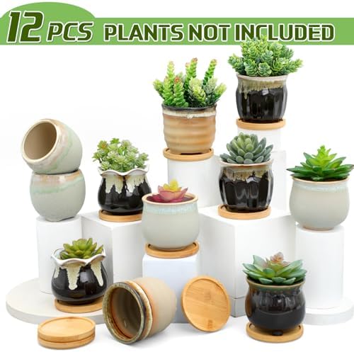 Remerry 12 Pcs Ceramic Succulent Pots with Drainage 3.5 Inch Bamboo Tray - Image 5