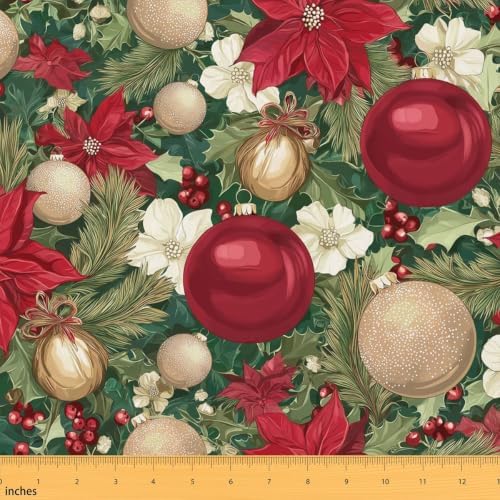 Christmas Tree Fabric By The Yard, Xmas Bells Balls Upholstery Fabric for Chairs, New Year Branches Leaves Decorative Fabric, Indoor Outdoor Fabric, DIY Art Waterproof Fabric, Green Red, 3 Yards by Erosebridal
