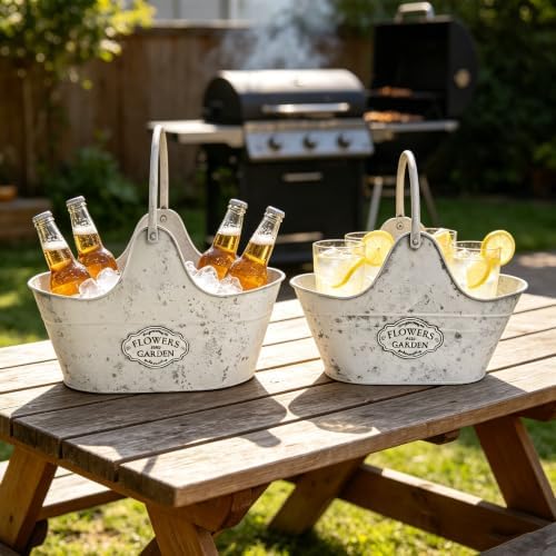 Distressed White Galvanized Metal Flower Planter Set of 2, Rustic Farmhouse Pot with Handle, Multi Use Tub for Garden Harvest Fruit Vegetables, Floral Craft Tool Organizer Indoor Patio Yard Decor - Image 4