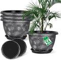 14-Inch -Plastic-Pots -For-Plant With Saucer, 4 Pack Outdoor Planters With Drainage Holes, Decorative Flower Pots For Indoor Plants, Modern 3D Swirl Silver Large Plant Pots With With Removable Tray by Pottiffe