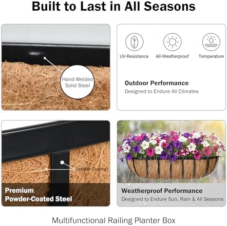 16“ Window Box Railing Planter with Coco Liner Metal Wall-Mounted Coconut Liner Basket English Horse Trough Planter for Outdoor Deck Balcony Porch Fence Patio Black (4 Pack) - Image 5
