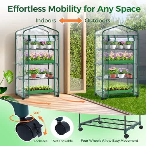 Ohuhu Mini Greenhouse for Indoor Outdoor with Wheel, Small Plastic Plant Green House 4-Tier Rack Stand Portable Greenhouses with Durable PVC Cover for Seedling - Image 2