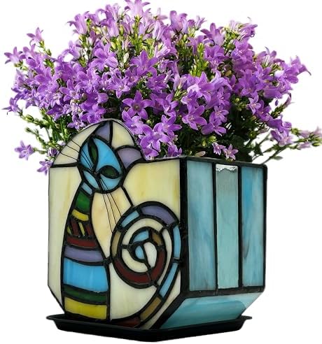 Stained Glass Cat Unique Plant Pot, Indoor Planter with Drainage and Tray,Succulent Plants Flower Pot,Cat Lover Gifts,4.6x3x5.15 in by Entlityful