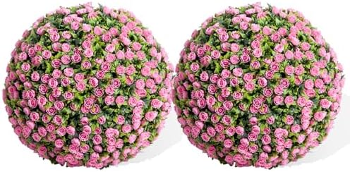 15.7 Inch Artificial Hanging Topiary Balls Set of 2, Faux Flower Balls for Garden Patio Wedding Valentine's Day Decor, Outdoor Indoor Hanging Decorations for Porch Front Door Party, Pink by Unknown
