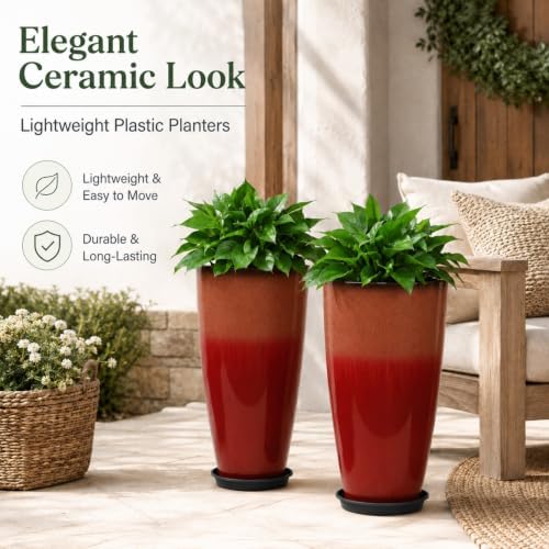 Neoaider Set of 2 Tall Planter, 21 inch Large Plastic Planter, Firey Red - Image 2