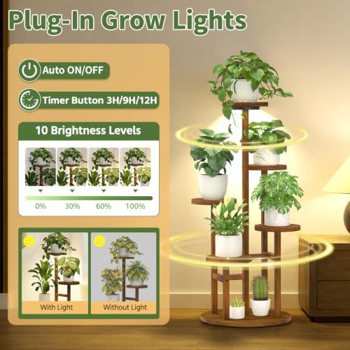 LASZOLA Wood Small Plant Stand Table Indoor Tall with Lights, 5 Tier Brown - Image 4