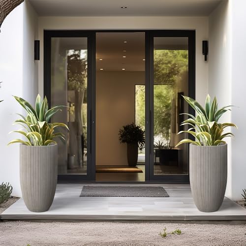 Kante 24 Inch Tall Concrete Planter, Outdoor Indoor Large Plant Pots with Drainage Hole and Rubber Plug for Home Garden Patio Porch Textured Weathered Concrete - Image 5