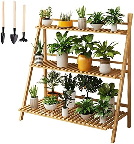 Bamboo 3-Tier Plant Stand, Planter Shelves, Folding Display Shelving Plants Shelf Unit Holder,Bamboo Ladder Plant Stand,With Accessories, For Patio Garden Balcony,Bamboo Ladder Plant Stand Solid Wood by HJXGQJM