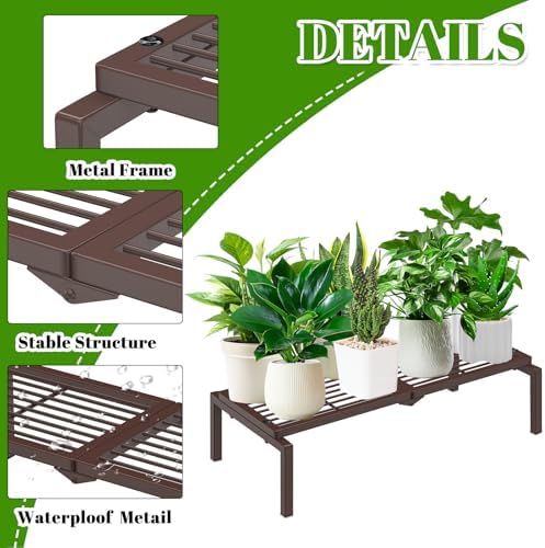 1 Tier Metal Plant Stand Indoor Outdoor, Potted Multiple Flower Pot Holder Rack Plant Shelf, Heavy Duty Planter Display Shelving for Patio Balcony Garden Living Room Decorative (Brown) - Image 2