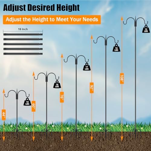 FEED GARDEN Heavy Duty Shepherds Hook 108" Double Hooks Adjustable (44/60/76/92/108") - Metal 5-Prong Base, 12lb Capacity - Easy Assembly Bird Feeder Pole for Hanging Planters, Lanterns, Wind Chimes - Image 3