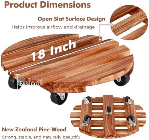 18 Inch Plant Caddy with Wheels, 6 Pack Rolling Plant Stand Rollers with Casters Wooden Plant Dolly with Wheels Heavy Duty Large Rolling Planter Base for Indoor & Outdoor Plants Wood Flower Stand - Image 6