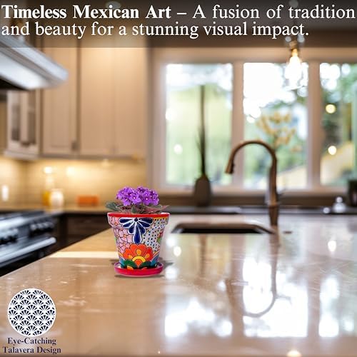 Talavera Planter - Mexican Ceramic Pot with Drainage (Red-Medium) - Image 5