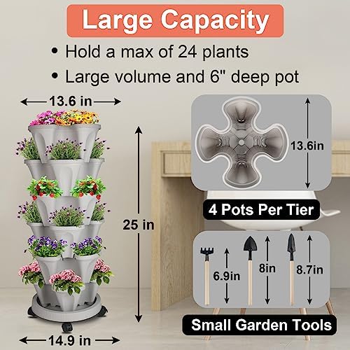 GameXcel Vertical Planter Tower - 6 Tier Stackable Garden Planters with Wheels and Tools Plant Pots for Strawberry Herb Flower and Vegetable Indoor Outdoor Use Gray - Image 4