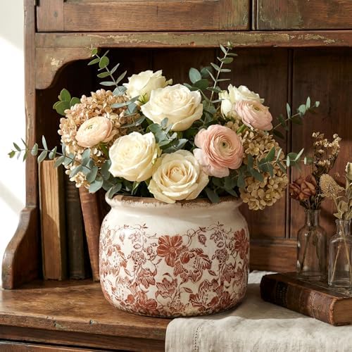 7.7" Large Ceramic Plant Pot Beige Brown Vintage Peony Crackle Glaze Rustic Flowers Pot Decorative Planter with Drainage for Indoor Outdoor Plants Home Kitchen Office Decor Gift - Image 4