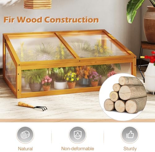 Giantex Wood Cold Frame Greenhouse, Portable Raised Planter Bed Protection with Transparent Flip-top Roof, Small Indoor Outdoor Hot House for Garden Sunroom Balcony, 37”x25”x16” - Image 4