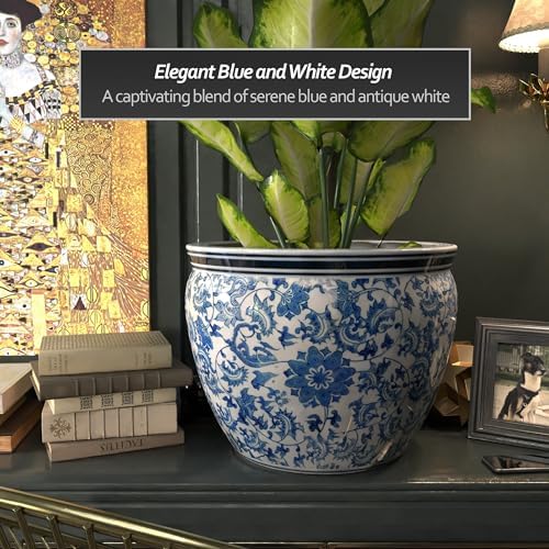 Red Lantern Large 20" Porcelain Fishbowl Blue & White Floral Planter or Cachepot for Indoor/Outdoor Use in Garden Entryway Living Room Boho Eclectic Modern Contemporary Classic Traditional Style Decor - Image 5