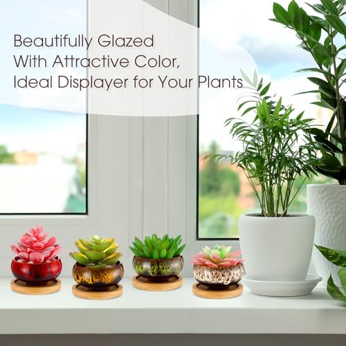 48 Pcs Ceramic Succulent Planters with Drainage Bamboo Saucers - Image 5