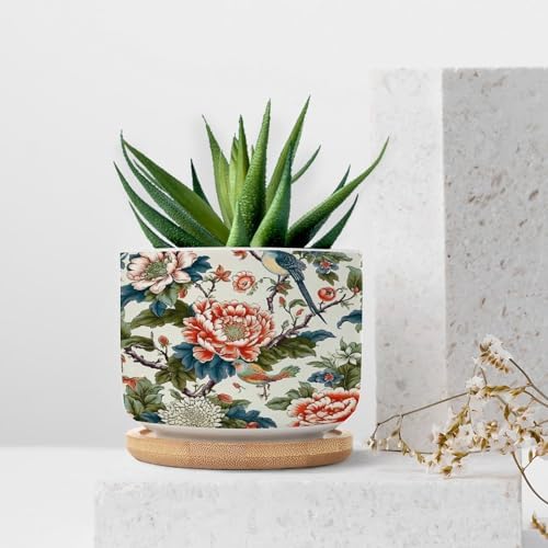 Chinoiserie Tree Peony Bird Floral Ceramic Planter Coral Turquoise Botanical Planters for Outdoor Plants with Drainage Holes and Saucers Pot for Indoor Outdoor Garden - Image 7