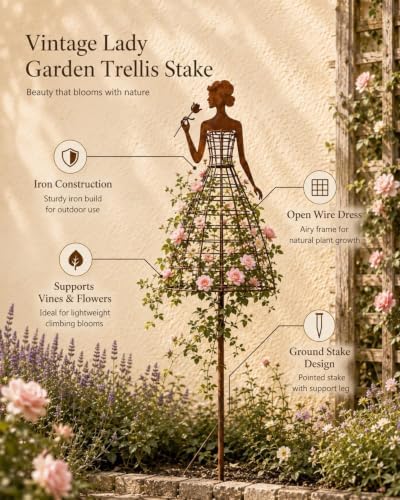 Vintage Lady Garden Trellis Stake, Distressed Rose Dress Plant Climbing - Image 4