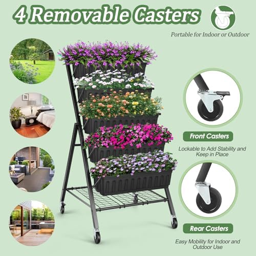 TEANDE Vertical Raised Garden Bed with Wheels & Shelves, 5-Tier Elevated Planter Box w/Drainage System & 4 Hooks for Herbs Vegetables Flowers, Vertical Garden Planter for Patio Yard Indoor Outdoor - Image 7
