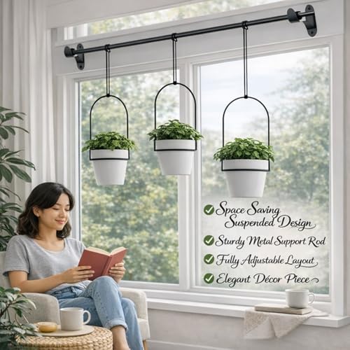 Adjustable Hanging Window Planter Set, Metal Rod Plant Hanger with 3 Pots, Indoor Herb Garden Plant Shelf for Windowsill, Balcony, Kitchen, Apartment (Black) - Image 4