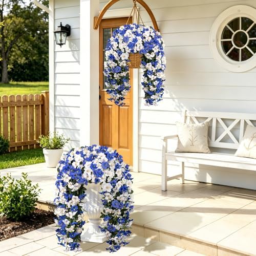 Artificial Hanging Flowers for Outdoors, 4 PCS 544 Blooms UV Resistant Morning Glory Faux Silk Vines, No-Odor Realistic Fake Plants for Garden Planter Porch Patio Decoration, White Blue - Image 6