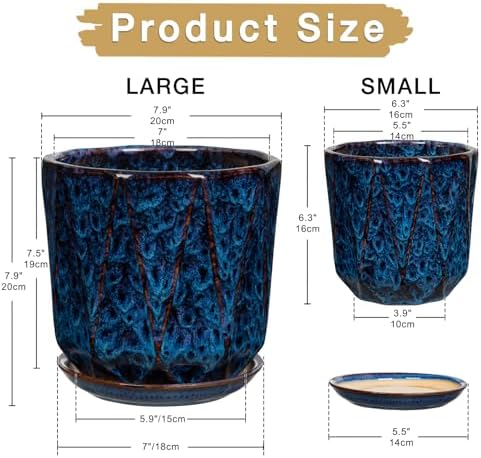Ceramic Pots for Plants, 8+6 inch Plant Pots with Drainages Holes & Saucers - Image 2