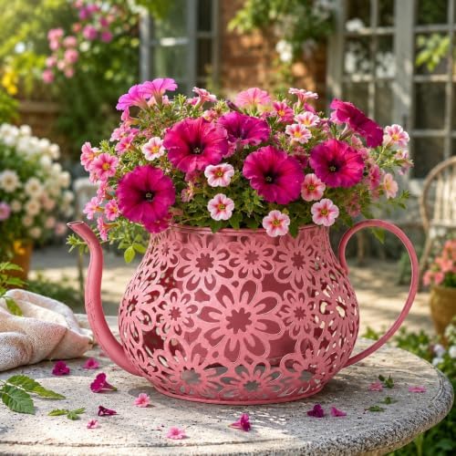 Pink Metal Teacup Planter with Drainage Hole 12 Inch Vintage Teapot Flower Pot with Floral Cut-Out & Handle for Outdoor Garden Patio Balcony Porch Indoor Home Decor - Image 2