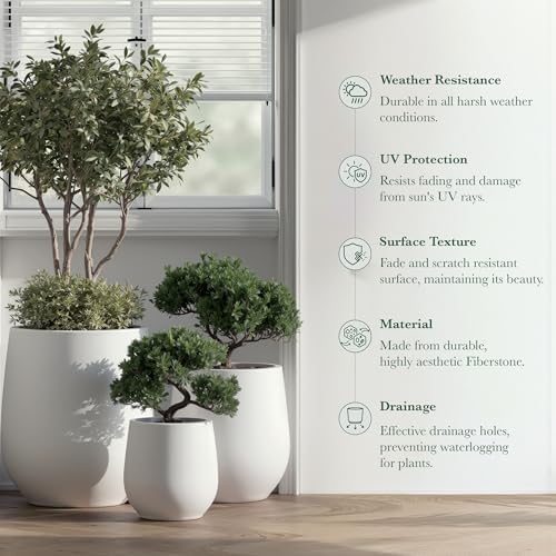 DTY Premium Mt Wilson Tall Tapered Fiberstone Planter for Indoor Outdoor Use, Modern Large Olive Tree Pot with Drainage Hole, Includes 2 Coco Mats. White, Medium 15'' D x 16.7” H. 11.2” Pot Opening - Image 4