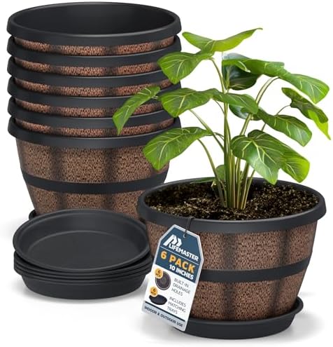 10-Inch Whiskey Barrel Planters Outdoor Pack of 6, Plastic Decoration Plant Pots for Indoor & Outdoor Use with Drainage & Saucer, Rustic Garden Planters for Flowers, Small Plants & Herbs by LIFEMASTER