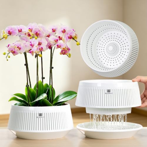 Orchid Pots with Holes for Repotting, Decorative African Violet Pots with Air-Pruning and Good Air Circulation, Plastic White Orchid Planter with Saucers, 8 Inch, Set of 2 by Meshpot