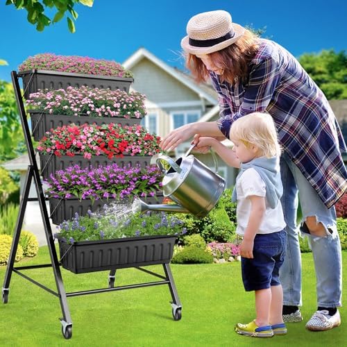 TEANDE Vertical Raised Garden Bed with Lockable Wheels, 5-Tier Elevated Planter Box w/Drainage System & 4 Hooks for Herbs Vegetables Flowers, Vertical Garden Planter for Patio Yard Indoor Outdoor - Image 3
