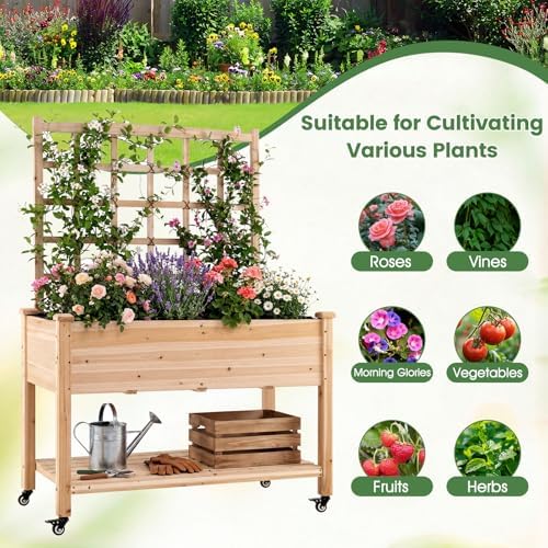 GIANTEX 65'' Wooden Raised Garden Bed w/Trellis on Wheels, Mobile Elevated Planter Box w/Legs, Liner & Drainage Holes for Climbing Plant Vegetable Herb Flower, Outdoor Garden Box, Backyard Balcony - Image 6