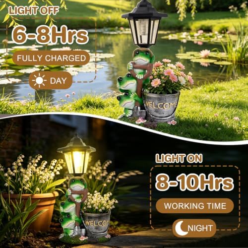 Frog Garden Statue Home Outdoor Decor with Solar Lantern and Flowerpot Solar Frogs Sculptures Waterproof Garden Outside Figurine Ornament, Women Gardening Housewarming Gift for Yard Pond - Image 4