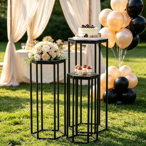 Urban Deco Set of 3 Black Hexagon Metal Cylinder Stands for Party - Image 7