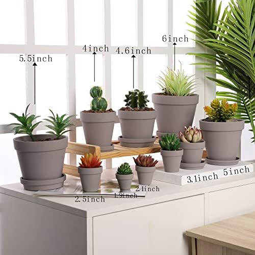 Yishang Terra Cotta Pots with Saucer/Ceramic Tray, 6-Pack Large Terracotta Pots 4.6'' Clay Ceramic Pottery Planter Cactus Flower Succulent Pot Drainage Hole - for Plants, Crafts (Grey) - Image 4