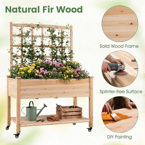 GIANTEX 65'' Wooden Raised Garden Bed w/Trellis on Wheels, Mobile Elevated Planter Box w/Legs, Liner & Drainage Holes for Climbing Plant Vegetable Herb Flower, Outdoor Garden Box, Backyard Balcony - Image 4