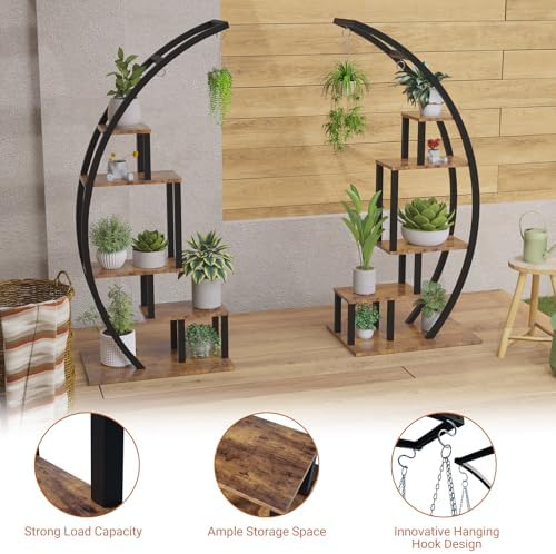 GarveeLife Plant Stand Indoor 2 Pack, 5 Tier Half Moon Plant Shelf, Tall Metal Large Plant Stands, Stylish Tiered Flower Storage Rack for Multiple Plants Hanging Display, Space-Saving (Brown+Black) - Image 3