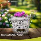 Headwind Vintage Floral Metal Planter with Handle, 12-Inch, Rustic White – Metal Flower Pot & Decorative Bucket Planter, Rustic Metal Outdoor Planter with Drainage Hole for Indoor Plants & Outdoor Gar - Image 3
