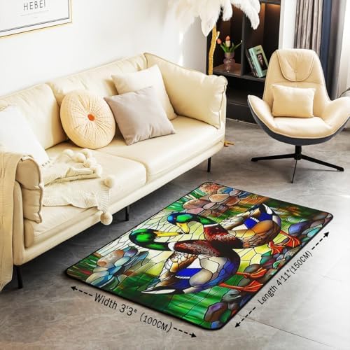 Erosebridal Stained Glass Stone Area Rug 4'11" x 3'3" Mallard Duck River Living Room Rugs Colorful Wild Animal Plant Decorative Carpet Moss Abstract Geometric Indoor Floor Mat - Image 2