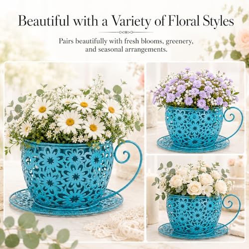 Iron Teacup Planter, Vintage Coffee Cup Flower Pot with Floral Cutout Design, Suitable for Indoor Outdoor Decoration, Ideal for Succulents Flowers, Balcony Garden Decor (Blue) - Image 6