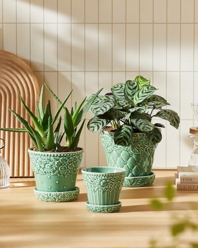 Metahom Ceramic Plant Pots Set of 3, Green Color, Embossed Design - Image 5