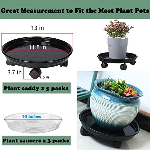 Circloophs 5 Packs Plastic Plant Caddy with Casters 12" Heavy-duty Plant Dolly Rolling Plant Stand with Wheels for Moving Heavy and Large Plant Pot Saucers Plant Rollers Indoor and Outdoor, Black - Image 2