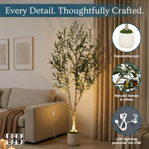 6ft Artificial Olive Tree with LED Light & White Pot - Fake Indoor Plant - Image 3