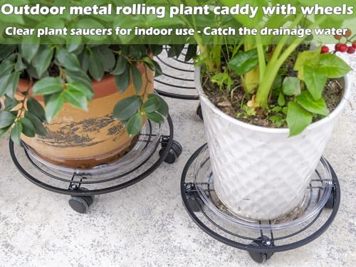 3 Packs 13.5" Metal Plant Caddy with Wheels Large Rolling Plant Stands Indoor Wheeled Plant Dolly Heavy-duty Planter Mover Roller Base Outdoor Plant Trolley Cart Water-proof, Plant Saucers on Wheels - Image 6