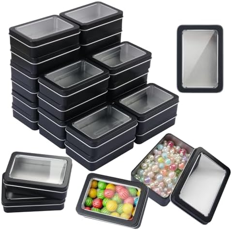 24 Pack Metal Tin Boxes with Clear Window Lids, 4.28 x 2.92 x 1.2 inches Small metal Storage tin Boxes, Metal Tins with Window for Jewelry, Candy, DIY Crafts, and More(Black) by Unknown